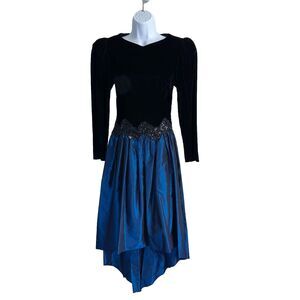 Vtg 1980's Scott McClintock Black Velvet Blue Taffeta Party Dress Puff Sleeves
